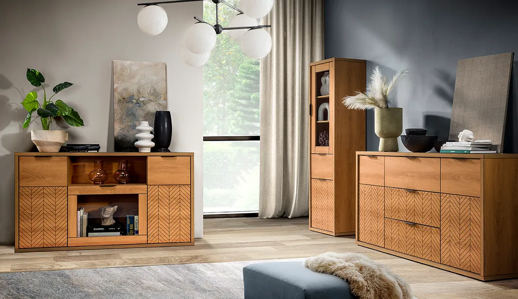 Commode combinée DELA chêne caramel : meuble de rangement élégant
