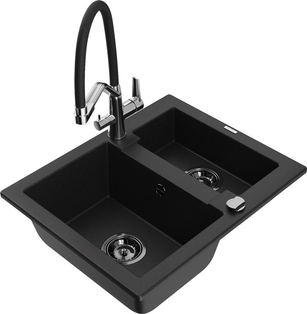Mexen Carlos 1,5-Becken-Granitspüle mit Mischbatterie Duo, Schwarz - 6518-77-671701-07-B