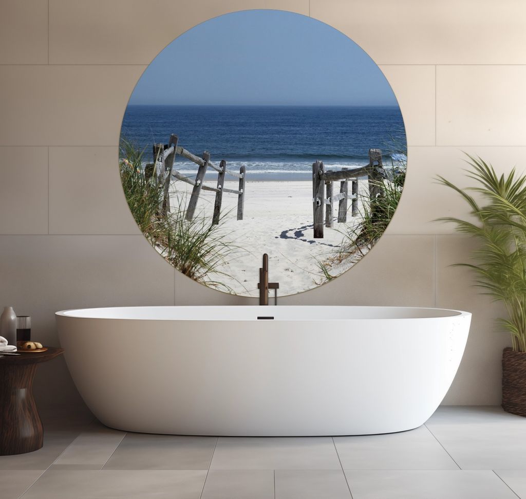 Wallario wasserfestes Poster selbstklebend 120 x 120 cm, Blick auf Strand, Badezimmerposter Spritzschutz mit Hochglanzoberfläche in Glasoptik