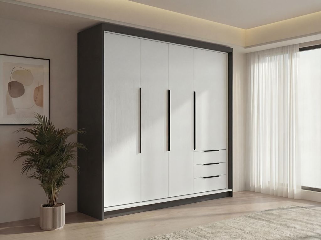 Geräumiger vier-türiger Kleiderschrank KLARI mit Schubladen und Metallgriffen – modernes Design