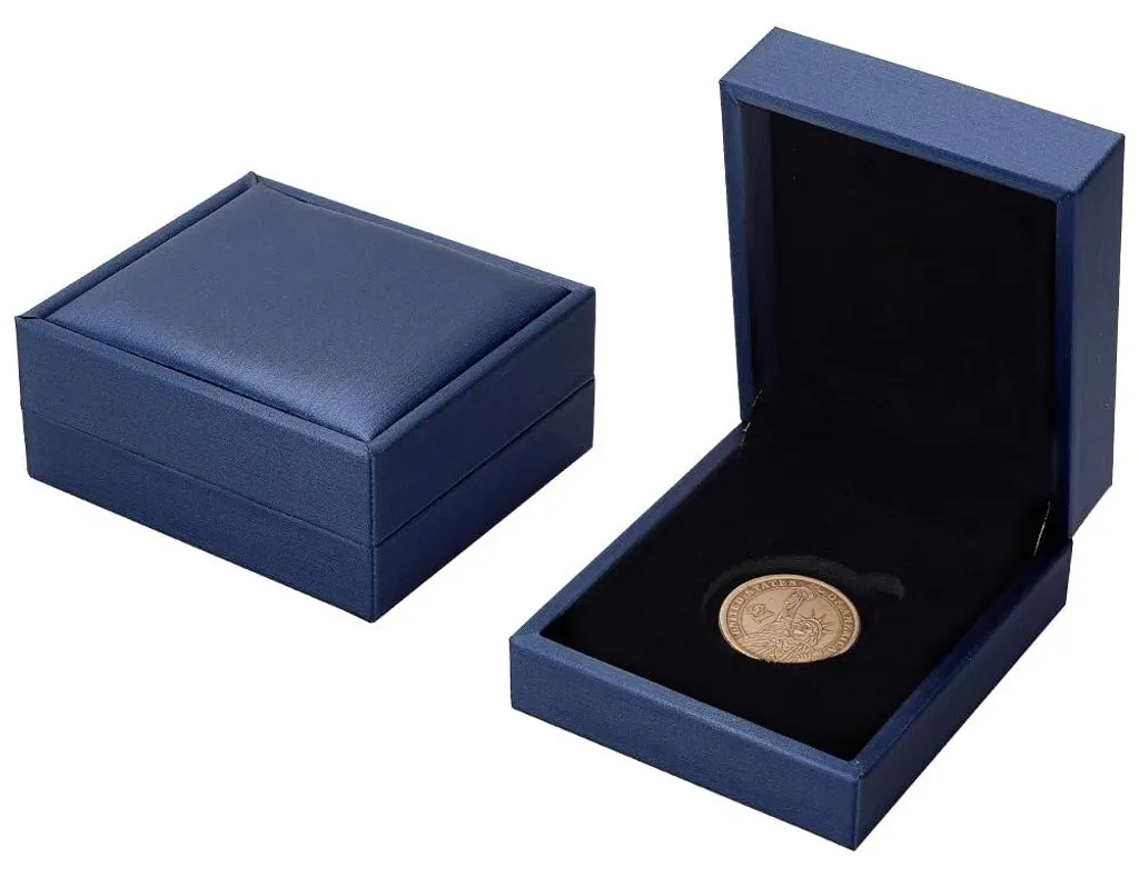 Écrin de présentation pour monnaies 30 mm en cuir et velours bleu