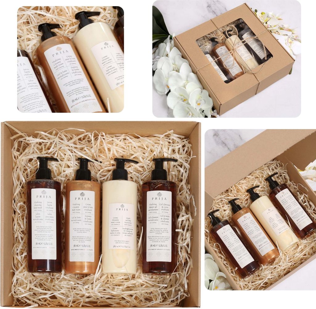 PRIJA Kosmetikset: Badeschaum, Flüssigseife, Feuchtigkeitscreme, Duschgel/Shampoo 4x380ml