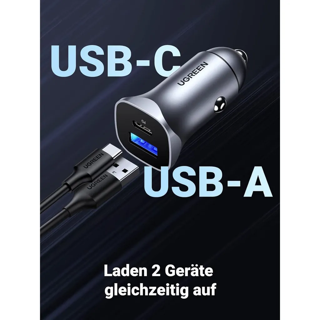 Ugreen 30780 Caricabatterie Auto 24W USB-C PD e USB-A QC 3.0 Grigio - 30