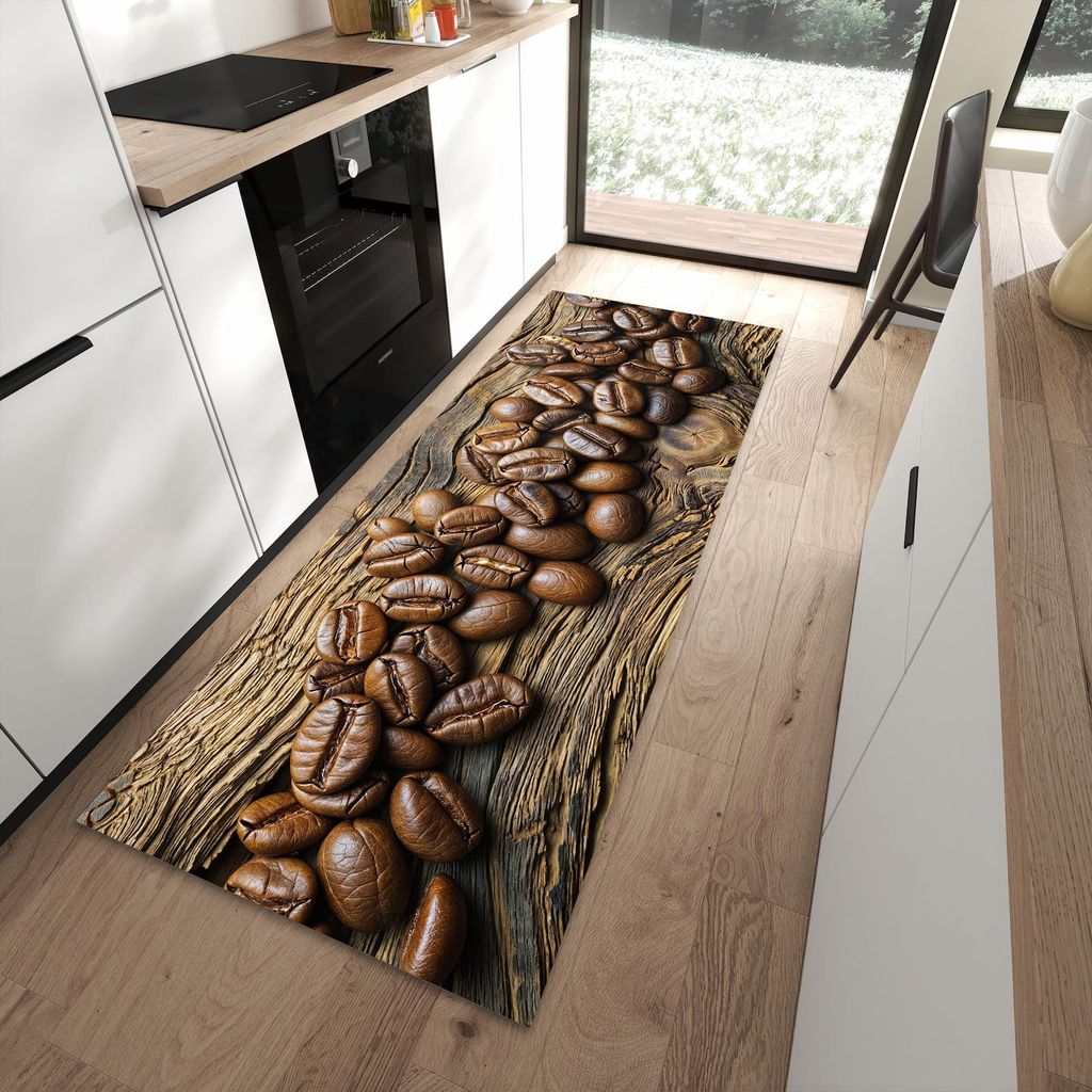 Küchenteppich 90x240cm rutschfest & abwischbar PVC Läufer - Kaffeebohnen Holz