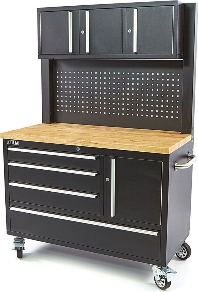 HBM Werkbank 122 cm mit 4 Schubladen, Schrankwand und Rückwand, Holzarbeitsplatte, schwarz