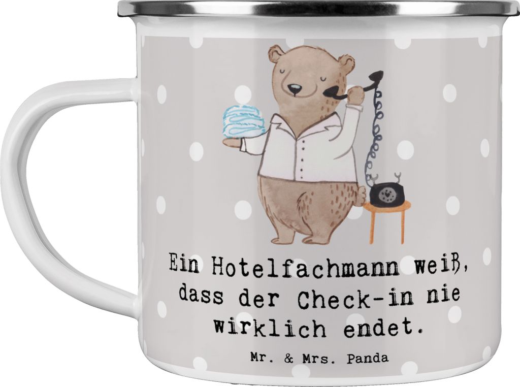 Mr. & Mrs. Panda Teetasse Hotelfachmann Lebensweisheit - Grau Pastell - Geschenk, Pott, Housekeeping, Empfang, Hotelalltag, Emaille Tasse, Becher, ...
