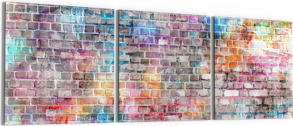 DEQORI Glasbild Echtglas 3x50x50 cm 'Ziegelmauer mit Graffiti' Wandbilder XXL groß