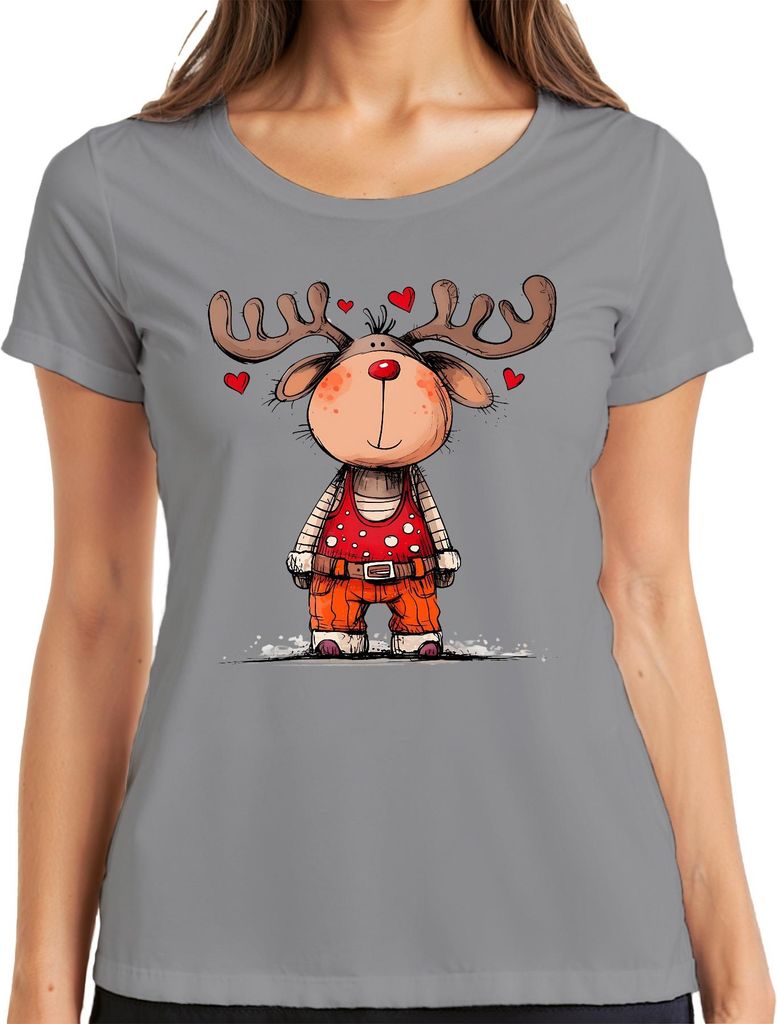 Niedliches Rentier rote Nase Herzen Weihnachten Geschenk Cartoon Damen T-Shirt, Grau, XL