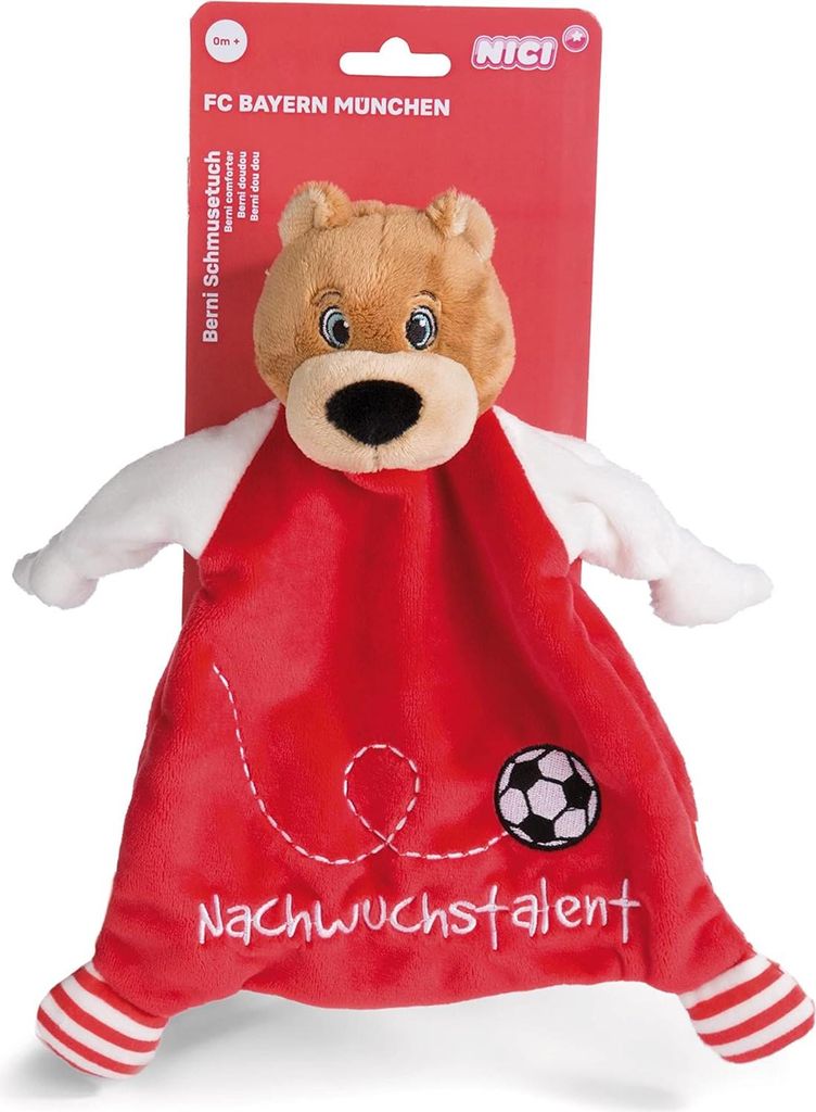 A plush toy bear wearing an FC Bayern Munich jersey, with a soccer ball and text on the jersey.