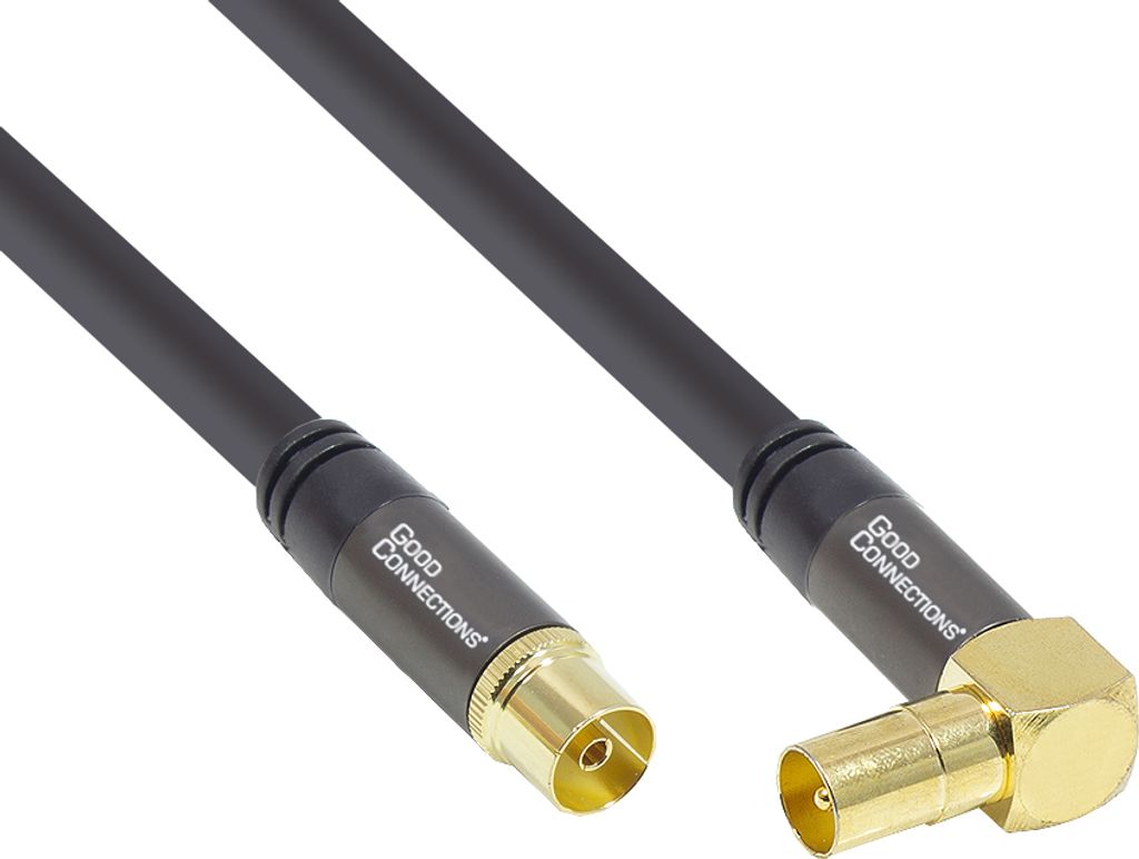 Antennenkabel SmartFLEX, IEC/Koax Stecker abgewinkelt an Buchse, vergoldet, 120dB, schwarz, 1,5m, Good Connections