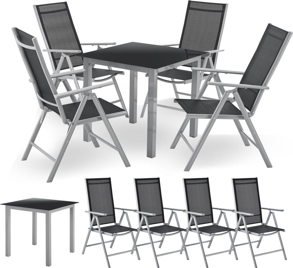 A set of outdoor furniture including a table and chairs, presented on a white background.
