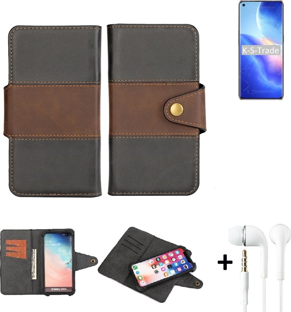 K-S-Trade Handyhülle Schutzhülle Bookstyle Wallet-Case kompatibel mit Oppo Find X3 Neo + earphones Bumper rundumschutz schwarz-braun 1x