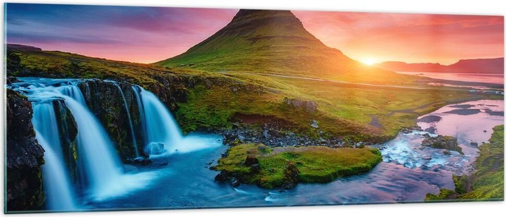 Bilder auf glas - Sonnenuntergang Wasserfall Island Vulkan - 140x50cm - Glasbilder - Wandbilder - Kunstdruck - Wanddekoration aus Glas - Glas Bilde...