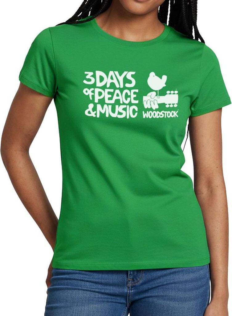 Spreadshirt Woodstock Logo Weiß 3 Days Of Peace & Music Frauen T-Shirt, L, Kelly Green