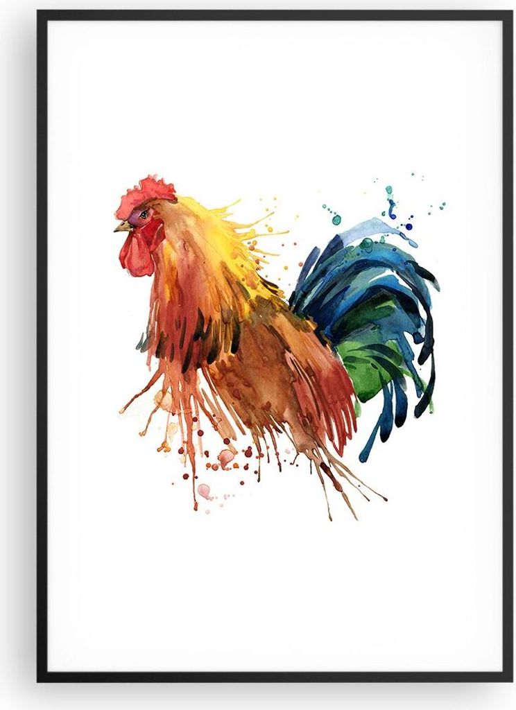 Gerahmtes Poster - Schwarzer Rahmen - Hahn Ilustration Tier Farben - 70x100 cm - Wand Bild - Wanddeko - Wandbilder - Wandposter - Bilderrahmen - Bi...