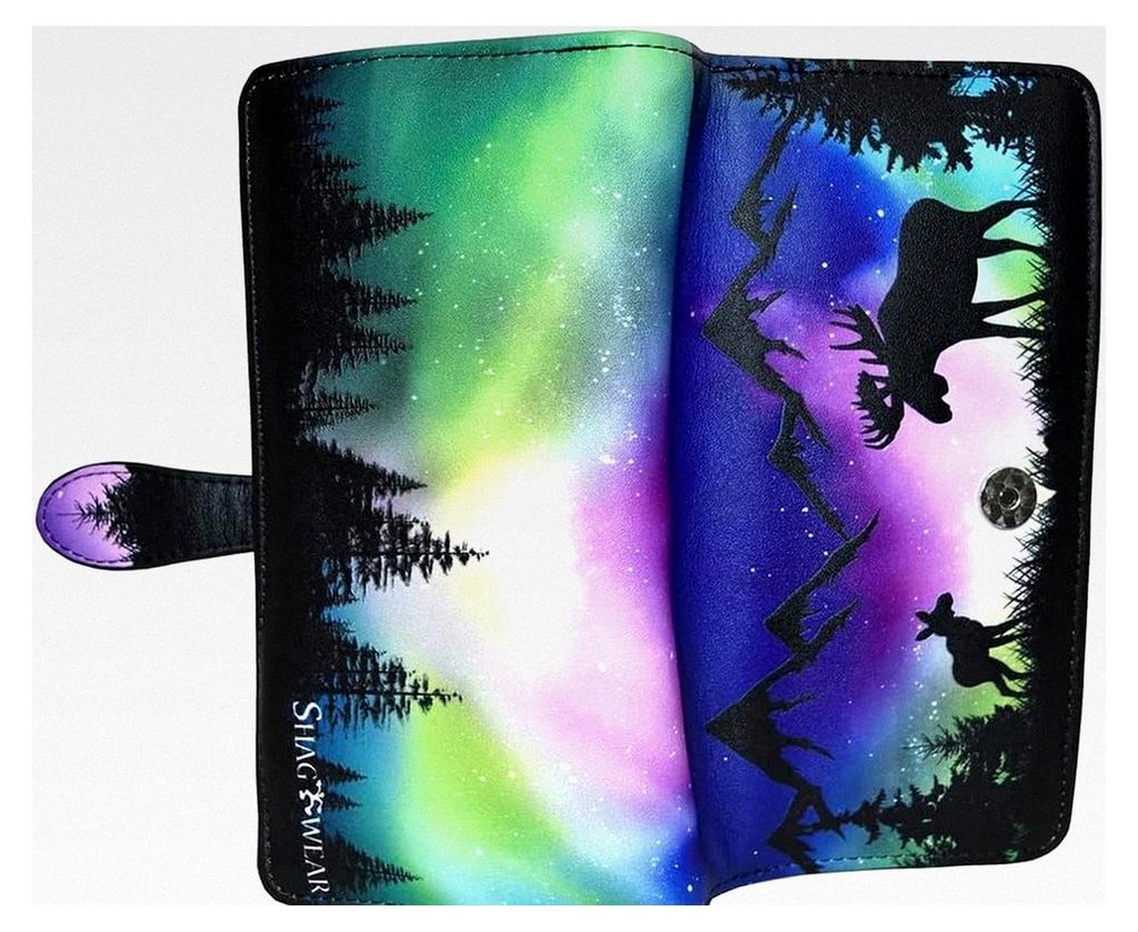 Elchszene Aurora Borealis Große Damen Geldbörse, Veganes Kunstleder Bifold mit Kartenfächern, Geldscheinfächern und Schnappverschluss 17,8 cm