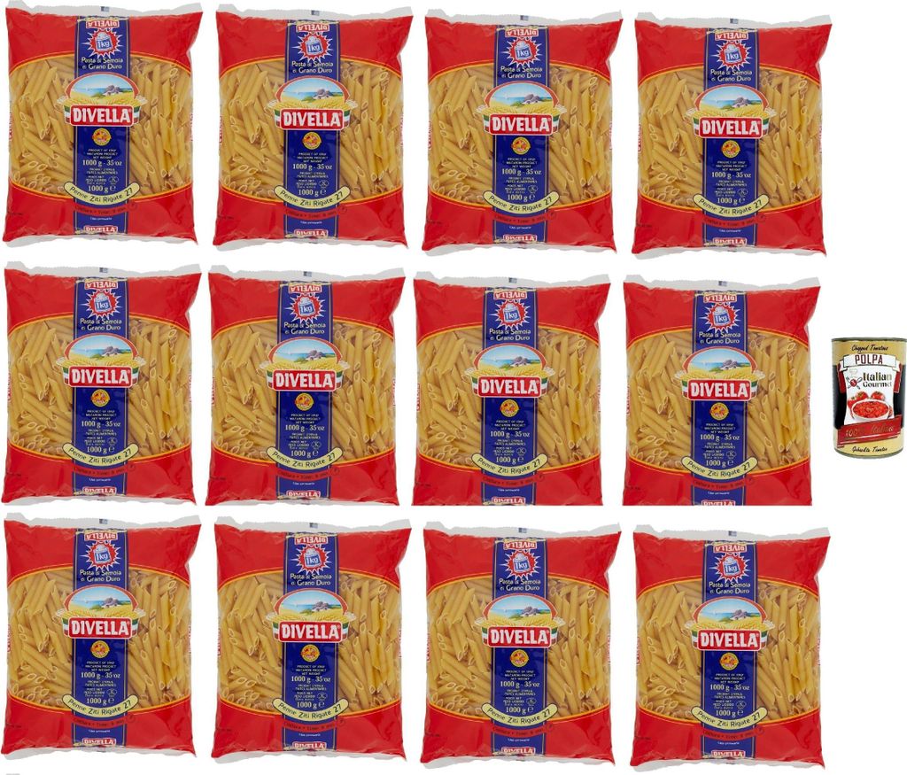 Divella Pasta 100% Italienisch Penne Ziti Rigate 27, Nudeln aus Hartweizengrieß, Kochen 9 Minuten 12x 500g + Italian Gourmet polpa 400g
