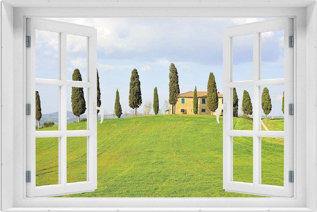 Wallario Wandbild mit Fenster-Illusion: Villa auf einem Hügel in der Toskana, Größe: 61 x 91,5 cm, Poster mit rahmenlosen Bildhalter