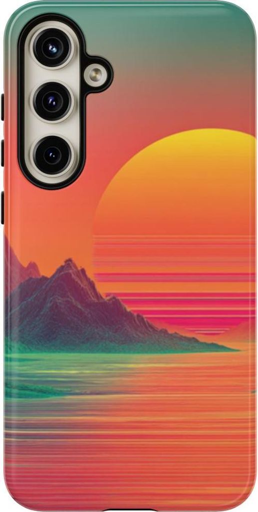 Neonfarbenes Sonnenuntergangs-Panorama mit Bergen und Meer – Hülle Kompatibel mit Samsung Galaxy S24 Plus