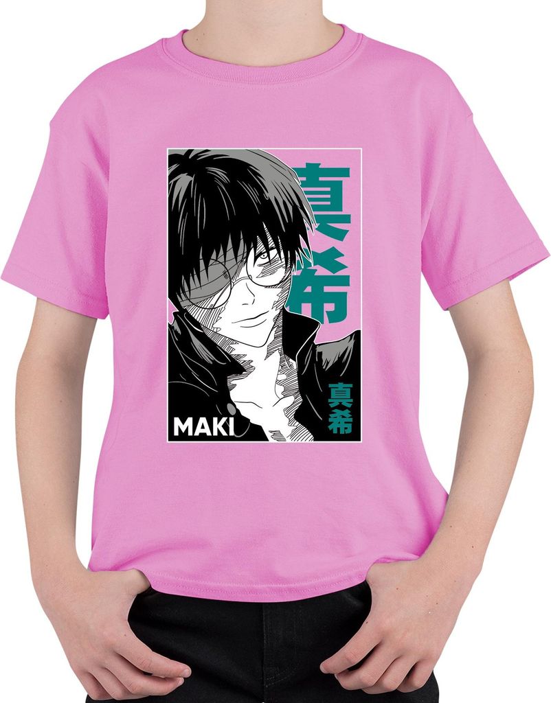 Anime Manga MAKI Brille schwarz weiß Cool Geschenk Otaku Retro Uni Kinder T-Shirt, Pink, 128