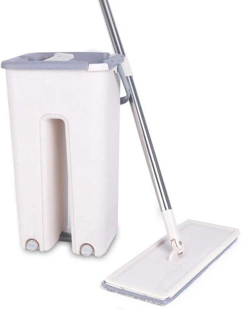 Bodenwischer Wischmopp Set mit Eimer, 3 Mikrofaser Mopp Wischmop Ersatzbezüge Weiß