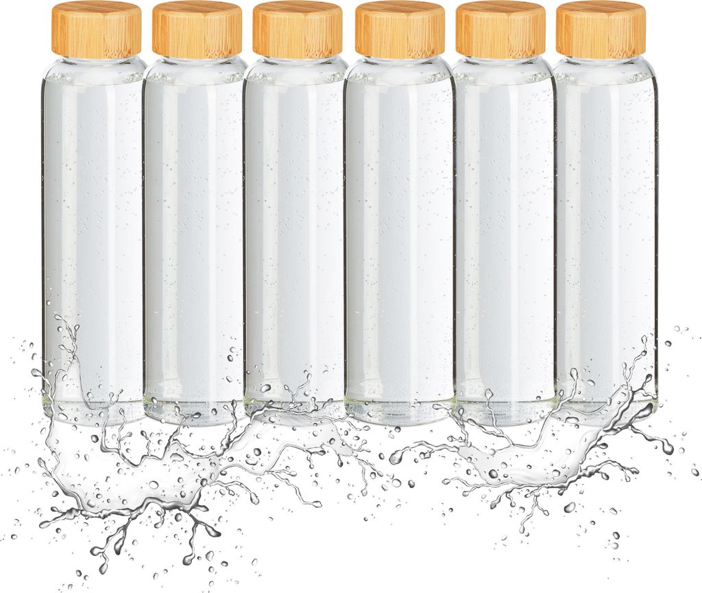 Borraccia Relaxdays con tappo in bambù, set da 6, 500 ml, Immagine del prodotto 