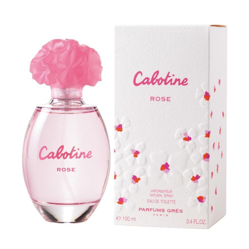 A bottle of Gres Cabotine Rose Eau de Toilette and its packaging are displayed against a white background.