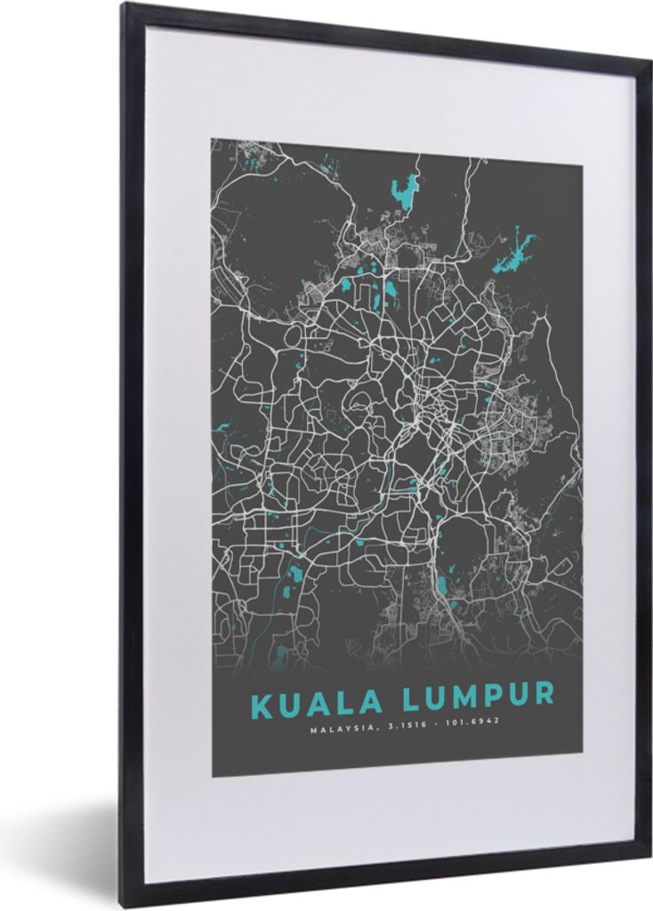 MuchoWow Gerahmtes Poster Kuala Lumpur - Stadtplan - Karte - Blau 40x60 cm - Poster mit Schwarzem Bilderrahmen Wandposter Rahmen Foto Bilder - Po...
