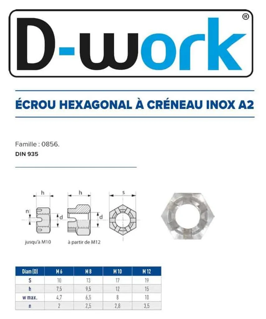 100 Écrous M10 à Créneaux DIN 935 Inox A2 pour Montage de Sécurité Axe