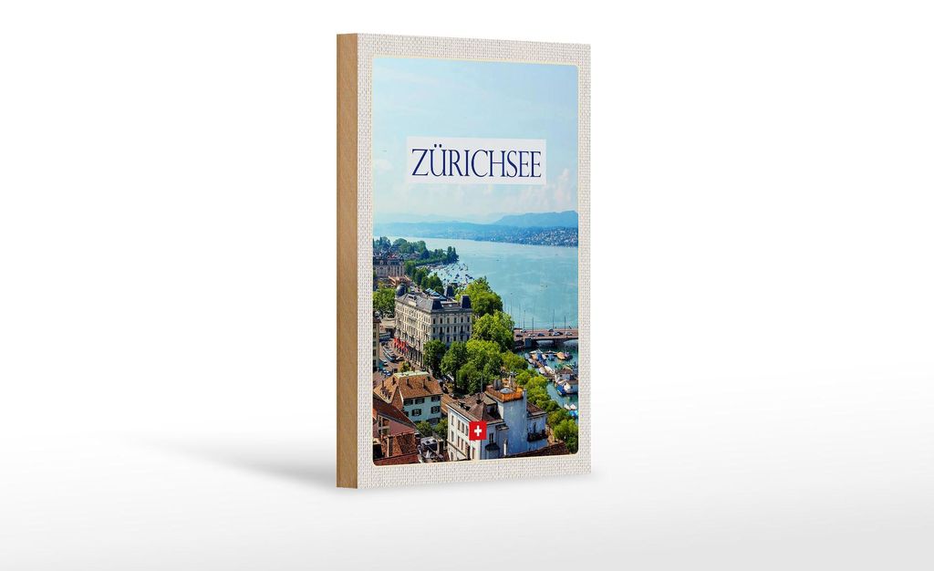 Holzschild Reise 12x18 cm Schweiz Zürichsee Wald Stadt Gebirge