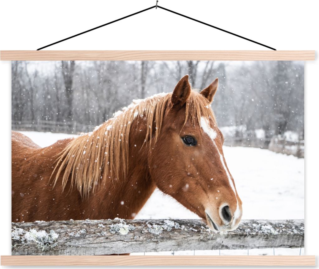MuchoWow Textilposter Pferd - Schneeflocke - Zaun - Winter 120x80 cm mit holzfarbenen Rahmen - Aufhängeset