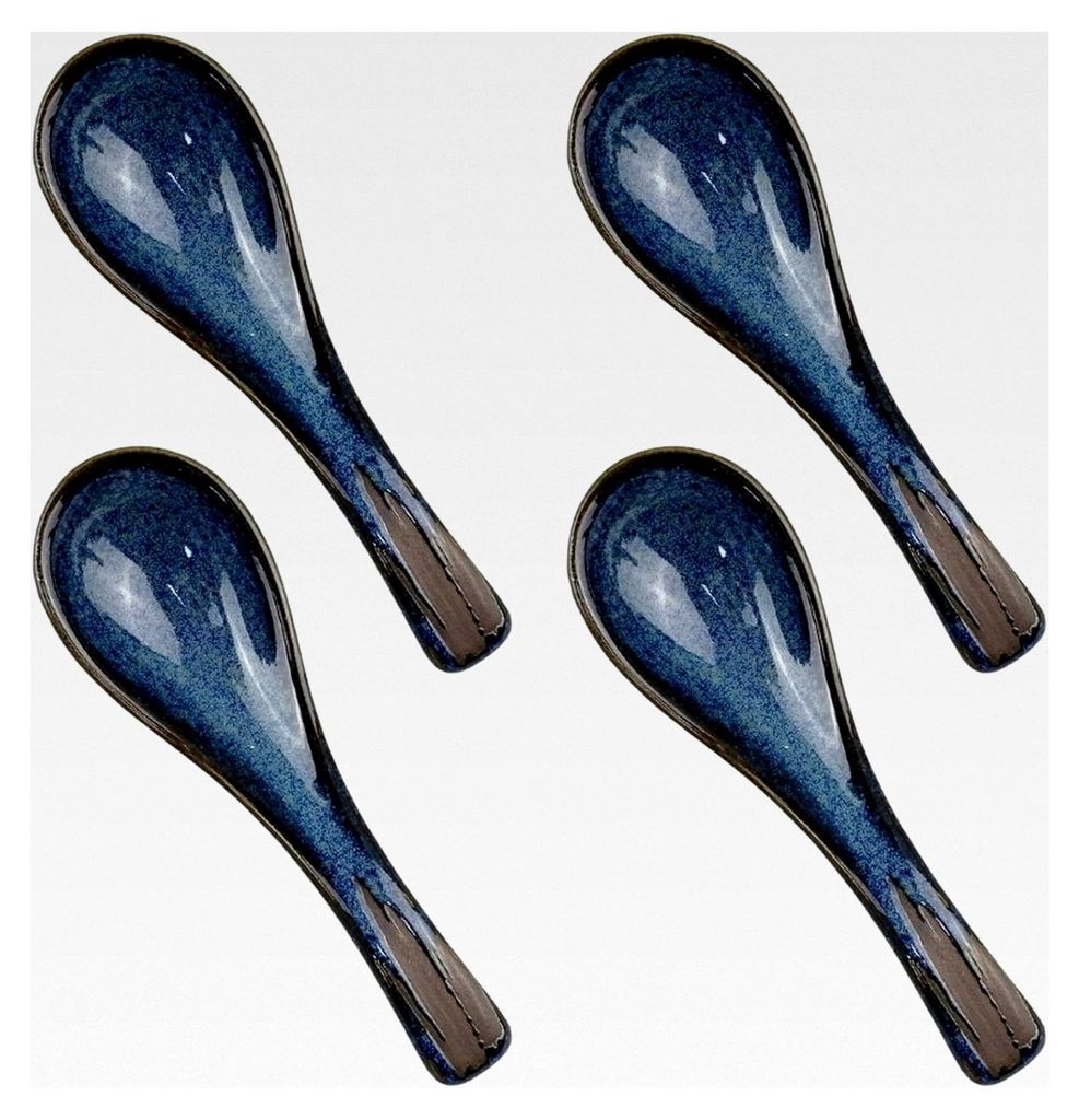 4-teiliges Set Blaue Keramik Suppenlöffel, Asiatische Gebogene Löffel für Ramen und Suppe, Retro Porzellan Essbesteck für Hausküche und Gastro...