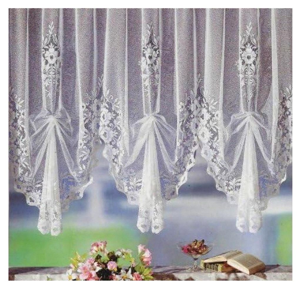 Gardine, Hochraff-Store mit Universalschienenband, 120cm hochgerafft x 3 Bögen für Dekorationsbreite 140-180cm, Weiß, Klassisch mit Blumenmuster...