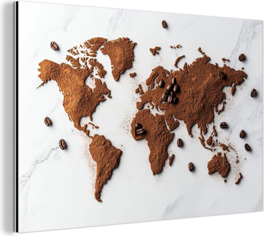 MuchoWow Wanddekoration Metall Metallbild Wandkunst 90x60 cm Weltkarte - Kaffee - Marmor MuchoWow Aluminium Gemälde - Wandbilder
