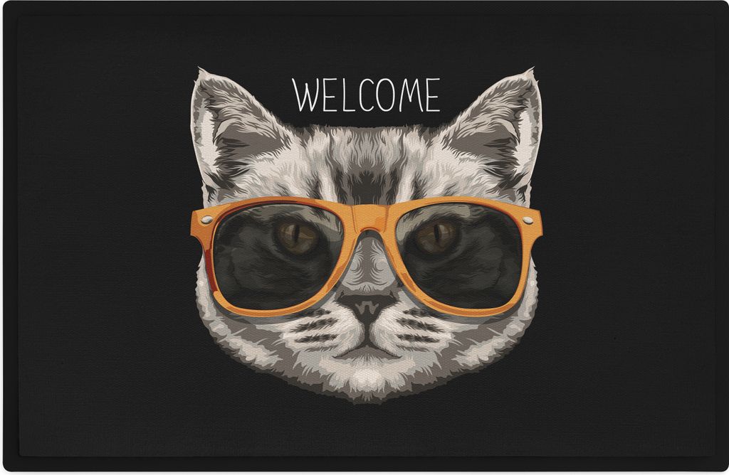 Trendation - Willkommen Fußmatte Grafik Schmutzfangmatte Geschenk Außen Innenbereich 60x40 cm Waschbar Türmatte Coole Katze