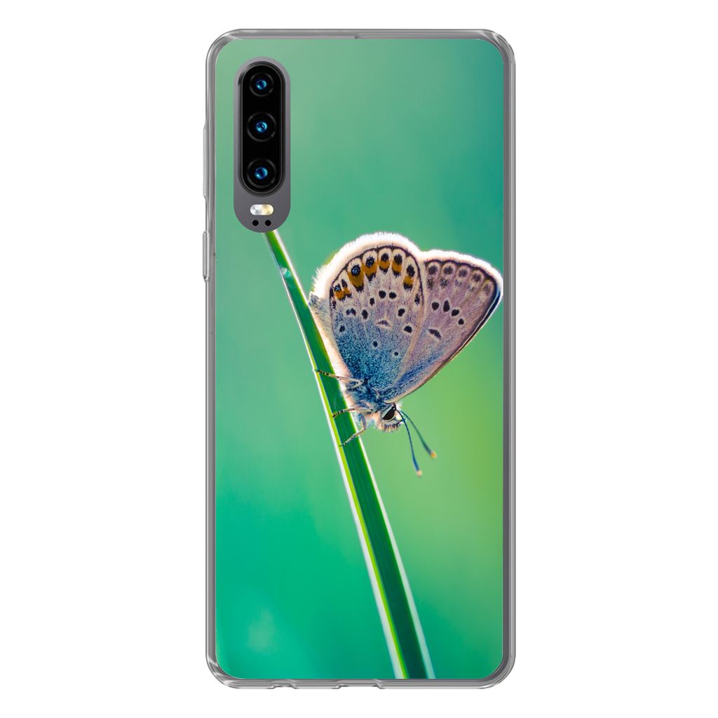 MuchoWow Handyhülle Schutzhülle Hülle für Huawei P30 Schmetterling - Gras - Licht Silikon Softcase Handy Hülle - Kartenbesitzer