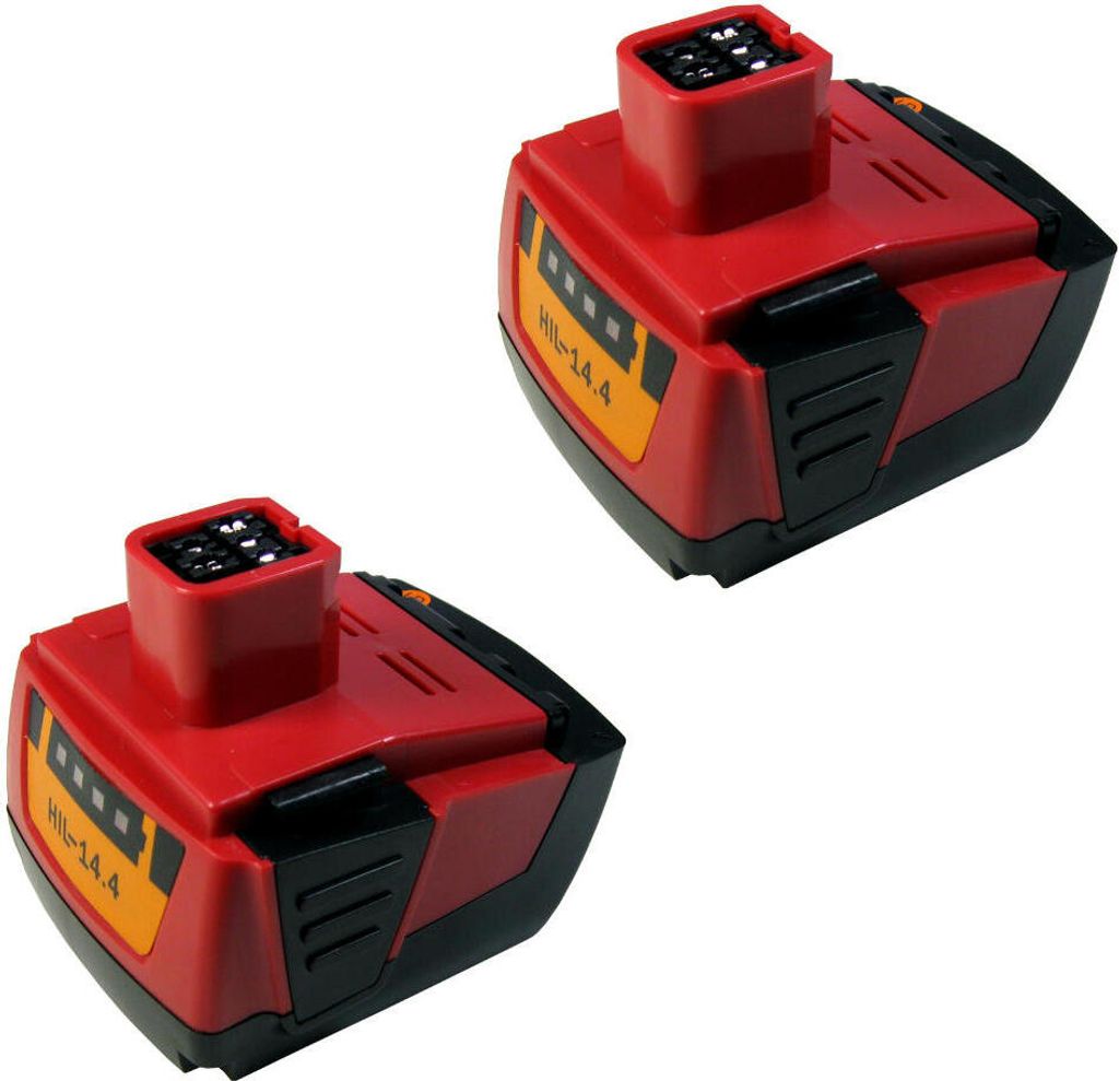 Two red and black power tool batteries are shown against a white background.