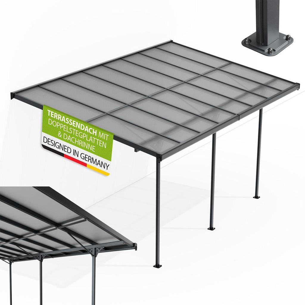 Juskys Terrassenüberdachung Borneo 5x3 m – Aluminium Terrassendach mit Doppelstegplatten Sonnenschutz Wandmontage Überdachung für Terrassen Du...