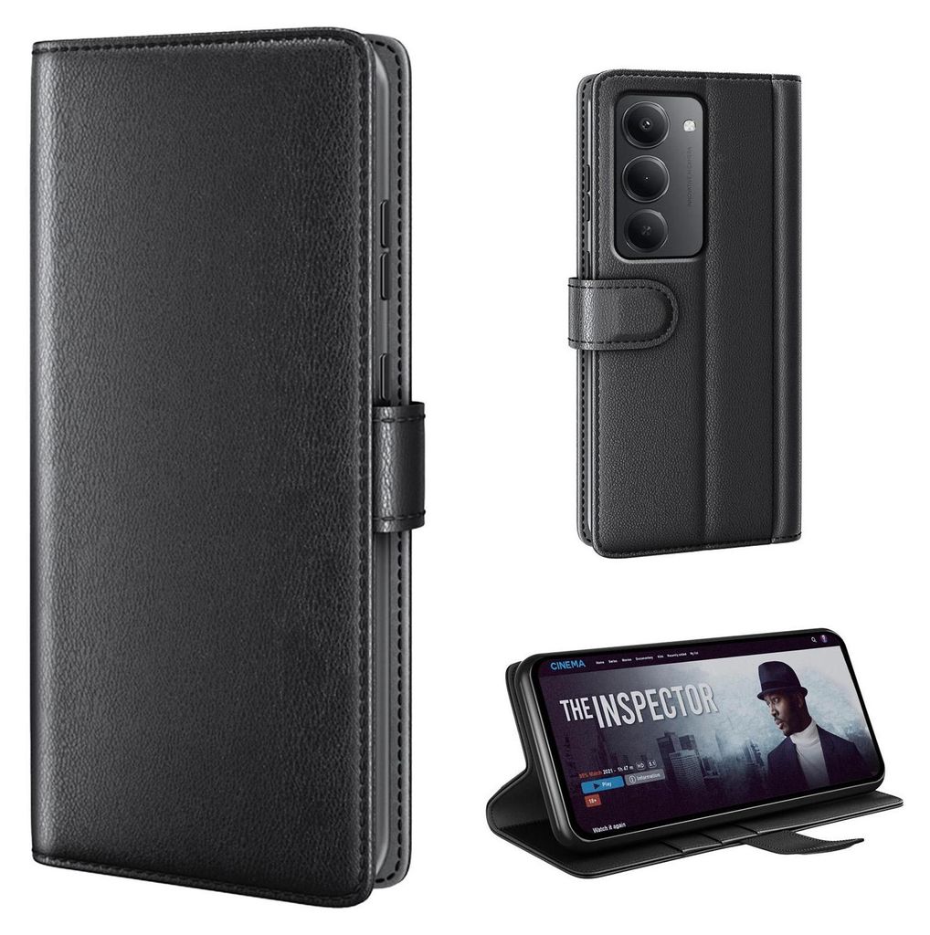 A collage of images showing a black leather flip phone case for a Xiaomi Redmi 15 / 15 5G, including a close-up of the case, the case with the phone inside, and the phone in the case propped up to watch a movie.