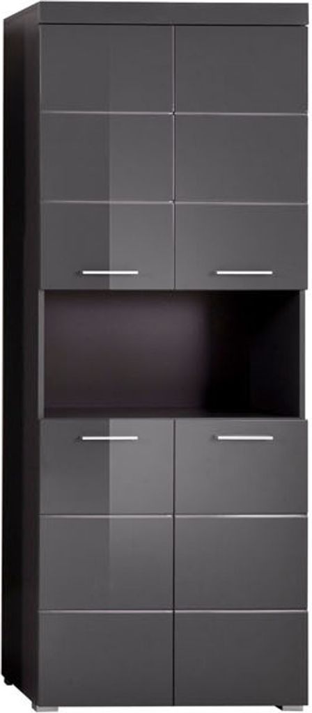 A tall, narrow gray cabinet with multiple doors and an open shelf in the middle.