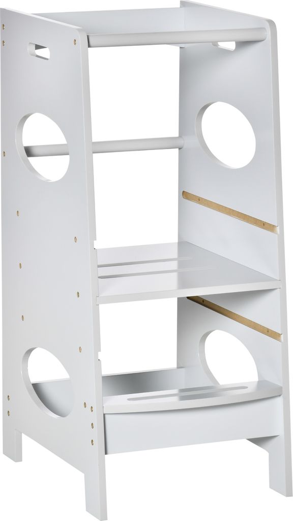 HOMCOM Holz-Lernturm für Kinder, Kinder-Küchenhocker mit Pedal, höhenverstellbar in 3 Positionen und Sicherheitsbügel, 40 x 50 x 90 cm, Grau