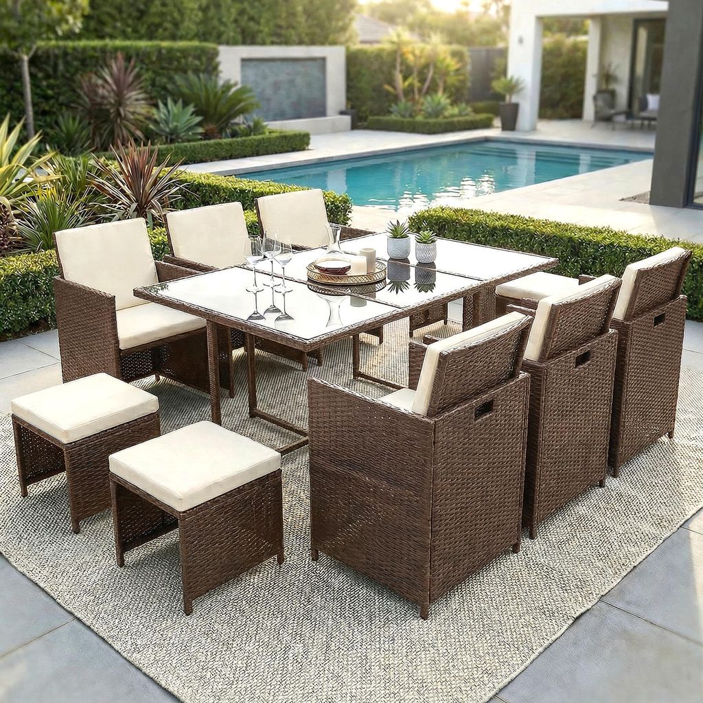 Poly Rattan Sitzgruppe Esstisch Lounge Gartenmöbel Sitzgarnitur 11-Teilig Garten-Garnitur Set 1x Tisch + 6x Stühle + 4x Hocker - braun
