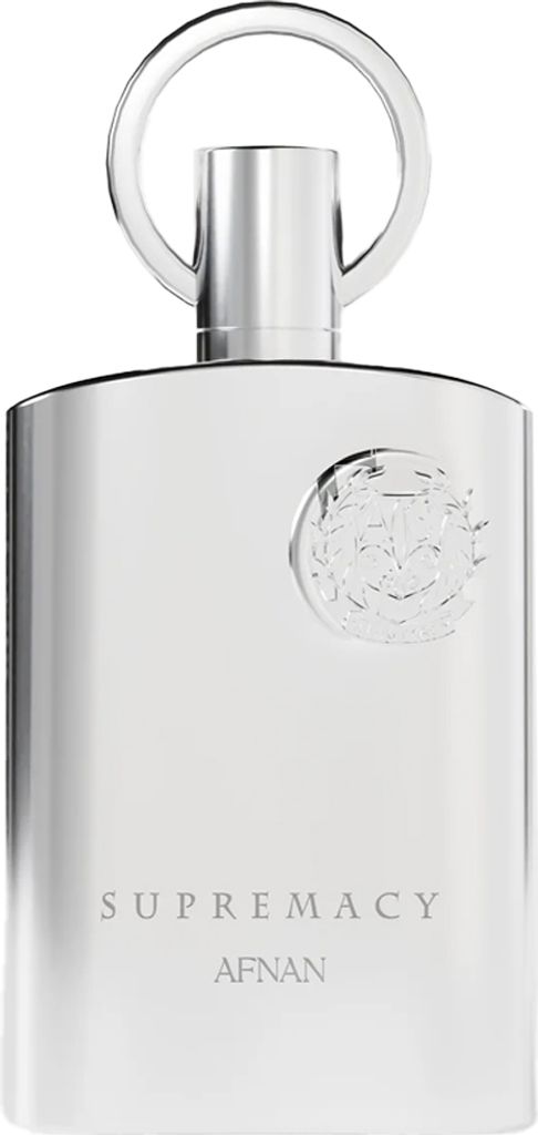 A silver perfume bottle with a circular loop at the top.