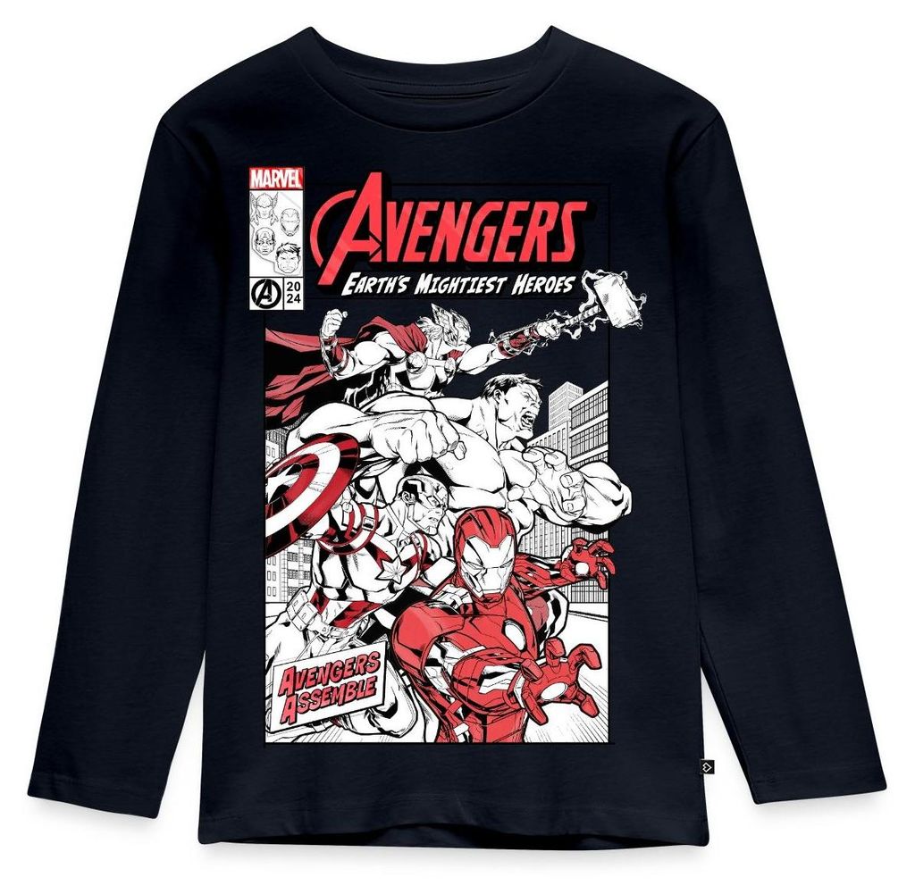 Spreadshirt Avengers Assemble Helden Comic-Motiv Kinder Premium Langarmshirt, 134/140 (8 Jahre), Navy