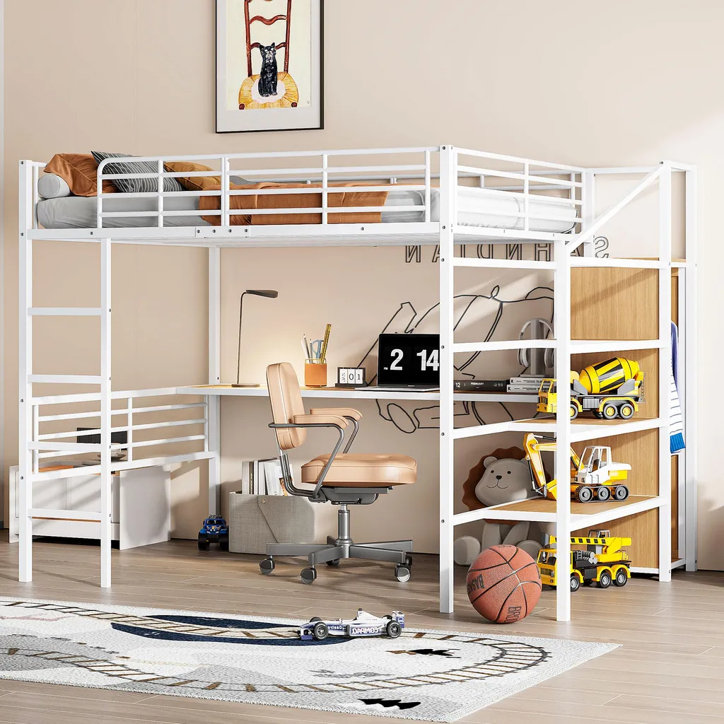 Lit Mezzanine Métal Blanc 140x200 cm avec Large Bureau Compact