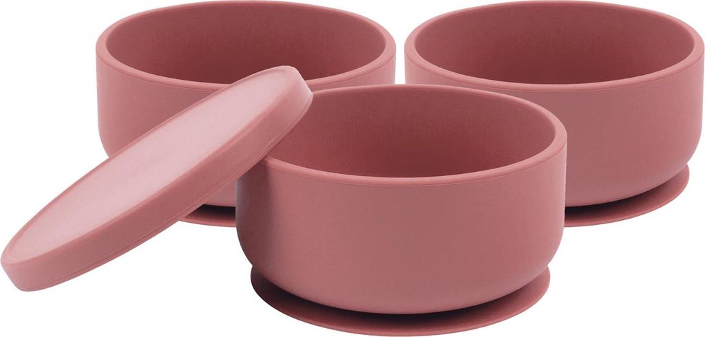 3x Staubige Rose Baby Silikon Saugnapf Schüssel mit Deckels - Kinder Kleinkind Bleiben Sie Dran Entwöhnung Fütterung Lebensmittelbehälter Telle...