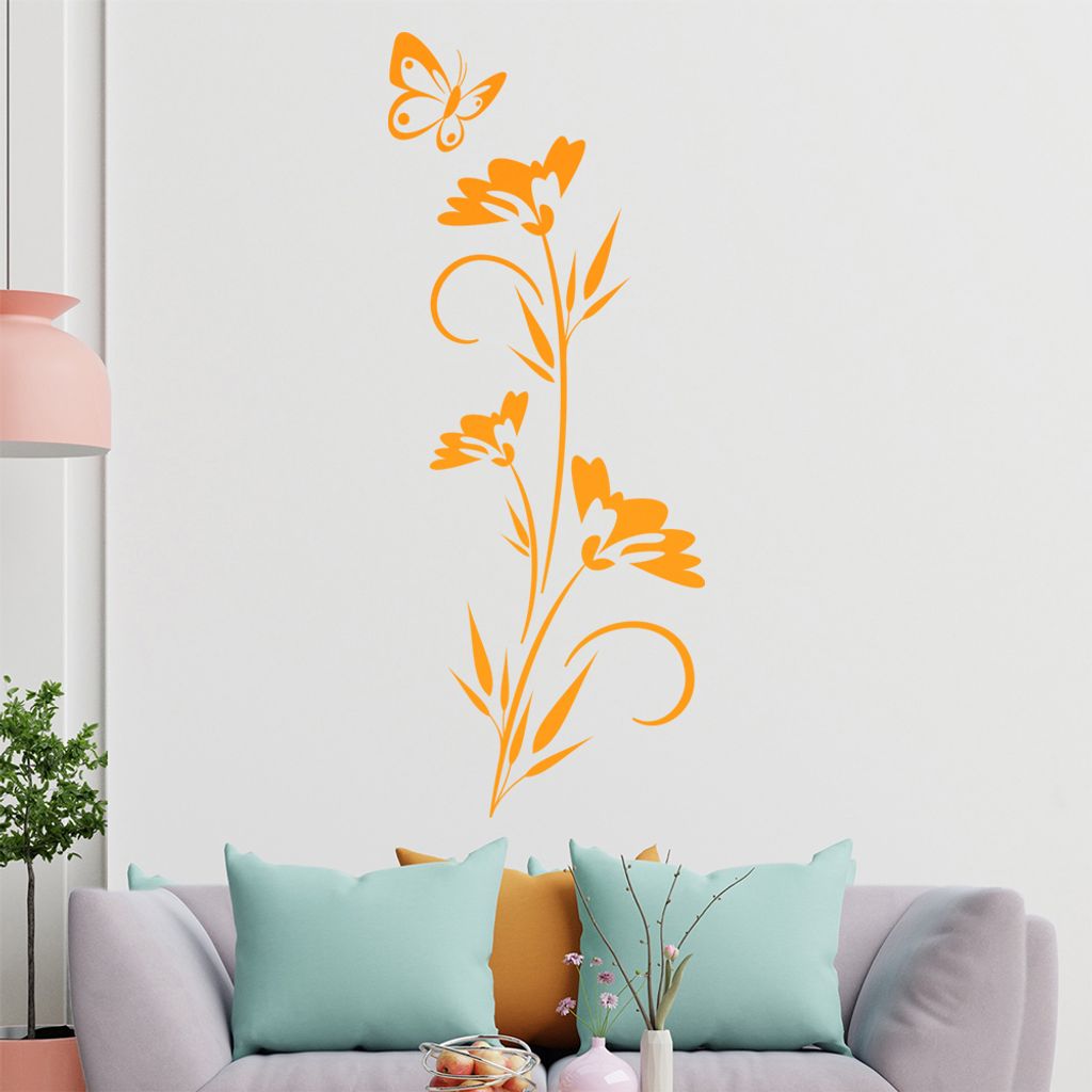 Schmetterling schwebt über Blüte Wandtattoo in 6 Größen - Wandaufkleber Wall Sticker - Dekoration, Küche, Wohnzimmer, Schlafzimmer, Badezimmer
