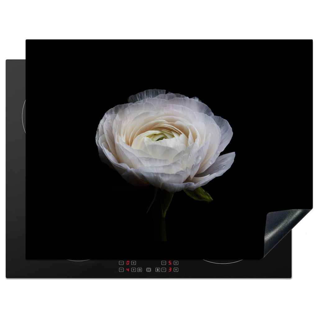 KitchenYeah Herdabdeckplatte Blume - Schwarz - Weiß , 77x59cm, Küche Deko, Glaskeramikkochfeld Herdabdeckung, Abdeckplatte fùr Kochfeld