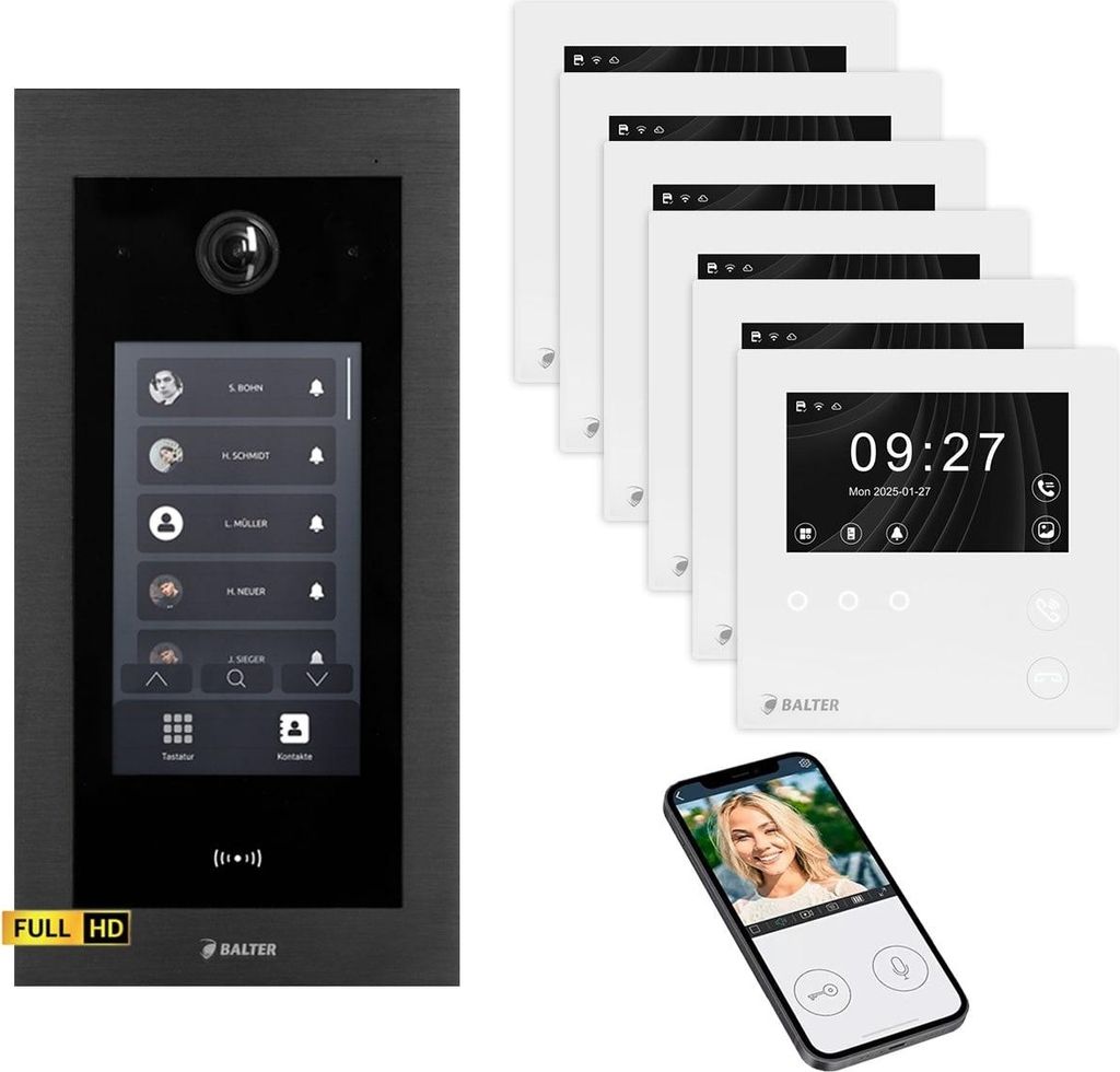 BALTER EVO HD Touch Video Türsprechanlage Schwarz 6x 4.3 Zoll Mini HD WiFi Monitor Weiß Set für 6 Familienhaus