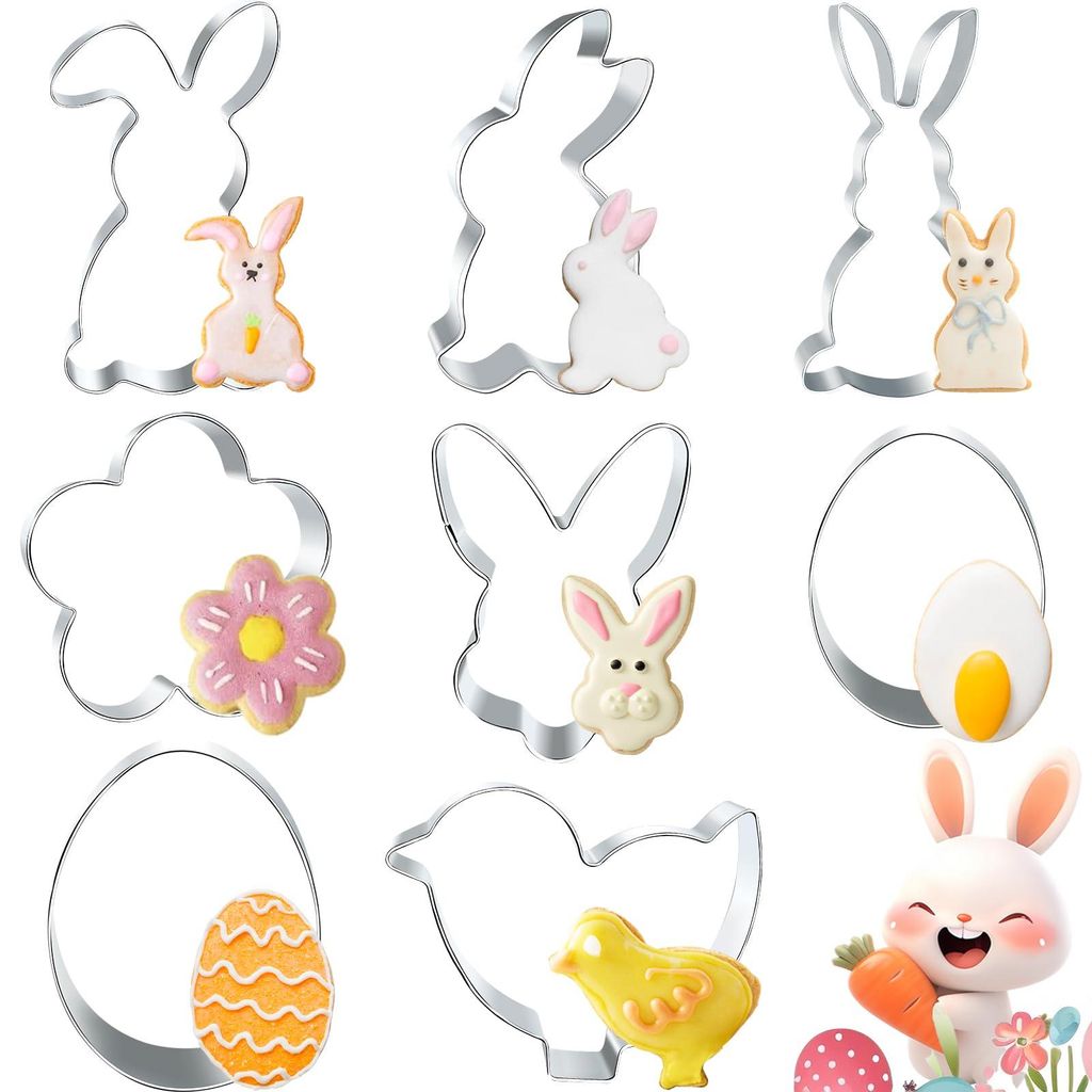 Oster-Ausstechformen-Set, 8-teilig, Osterhasen-Ausstechformen, Osterhase, Ausstechformen aus Edelstahl, Oster-Ausstechformen zum Backen, Küken, Ha...